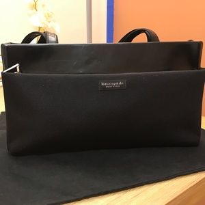 Kate Spade black elegant rectangular shoulder bag. Fabric and Patent leather.